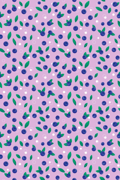 天衣无缝的蓝莓，绿叶和白色气泡在淡紫色的背景图片下载