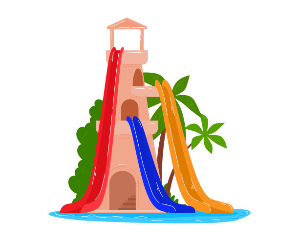 城堡滑梯，户外水上乐园趣味活动矢量插画。卡通暑假休闲，泳池设计游玩。娱乐在aquapark图片下载
