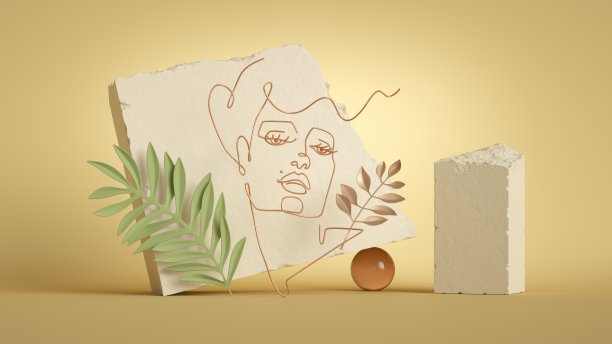 3 d渲染。抽象的女性时尚肖像。线形艺术是用金丝和破碎的鹅卵石、混凝土块、岩石和装饰树叶制成的。黄色背景的现代简约场景图片下载