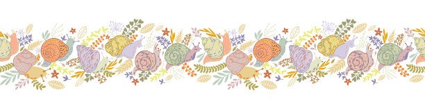 有趣的卡通动物。手绘插图的一个婴儿蜗牛和花。字符矢量边界涂鸦风格。可爱设计的儿童服装，包装设计，标志，标签，横幅或印刷。图片下载