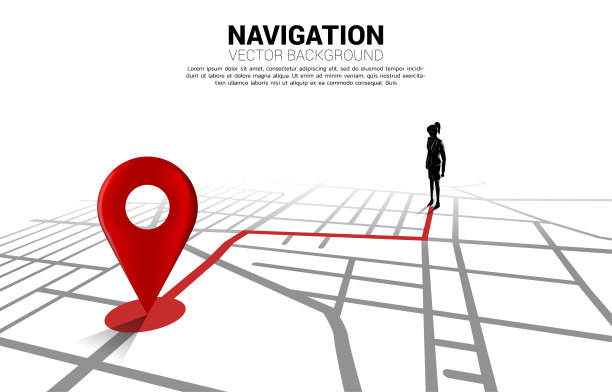 在城市地图上的3D定位标记和女商人之间的路线。图片下载