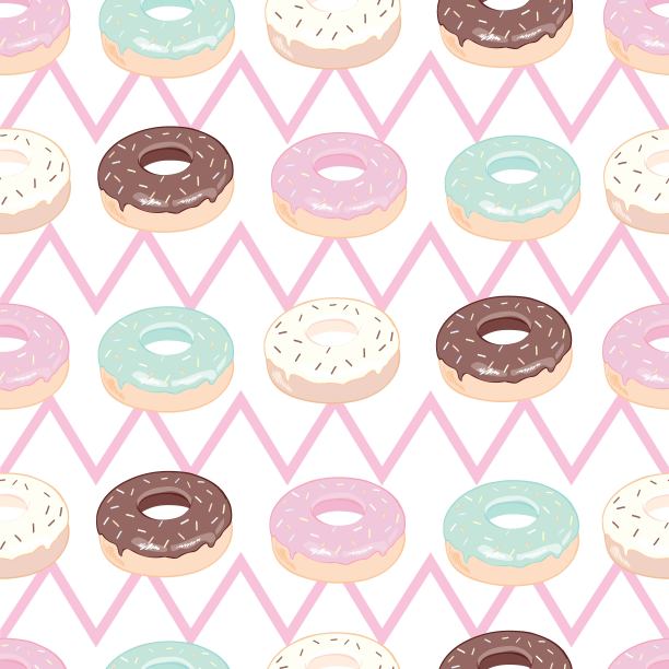 粉色糖霜的甜甜圈。无缝的白色图案。背景为咖啡厅、餐厅、咖啡店、餐饮。为菜单，小册子，横幅，网站设计纹理。矢量插图。图片下载