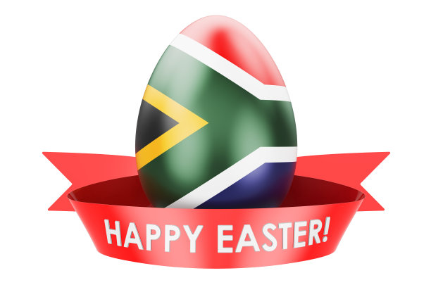 带有南非国旗的复活节彩蛋。复活节快乐在南非的概念，3D渲染孤立的白色背景图片下载