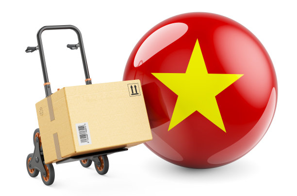 手推车上的包裹与越南国旗，越南运输概念3D渲染，白色背景图片下载