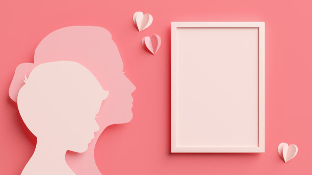 母亲节快乐，优雅贺卡背景。垂直相框模型与母亲和儿子剪影剪纸风格母亲节在3D渲染图片下载