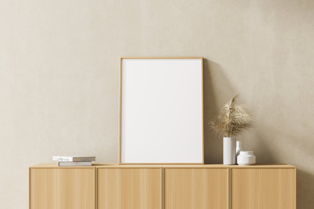 模拟海报框架在现代室内背景，客厅。书在内阁。北欧风格。3 d渲染。图片下载