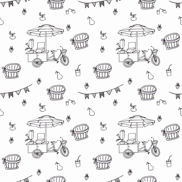 街头美食节无缝图案设计，平面设计，包装纸。手绘插图，白色背景图片下载