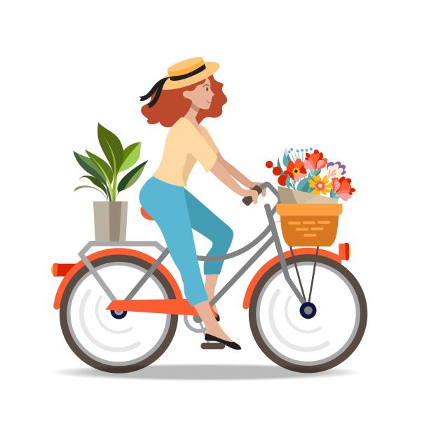 这个女孩用自行车端着花。图片下载