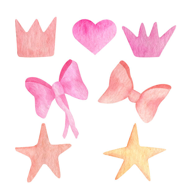 水彩粉色星星，丝带蝴蝶结，皇冠和心形套装。手绘可爱的女孩剪贴元素印刷，装饰，剪贴簿。孩子幼儿园插图。图片下载