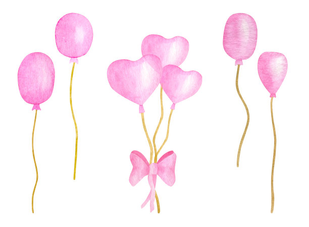 水彩粉色气球集。一堆带可爱蝴蝶结的气球。手绘椭圆和心形气球为孩子，宝贝女孩的生日庆祝活动。浪漫元素孤立在白色背景。图片下载