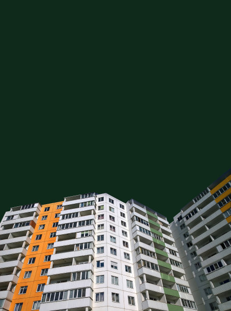 房子出售旧货。公寓出租物业模板。新的住宅建筑在深绿色的背景上。副本的空间。房地产。抵押和利率概念。垂直的旗帜。租公寓。图片下载