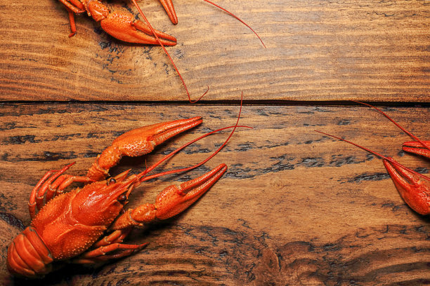 在木桌上煮大龙虾。小龙虾是红色的。美食,美食。选择性聚焦，特写，拷贝空间。布局设计。图片下载