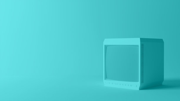 在薄荷绿的灯光照耀下的老式电视机。3 d场景图片下载