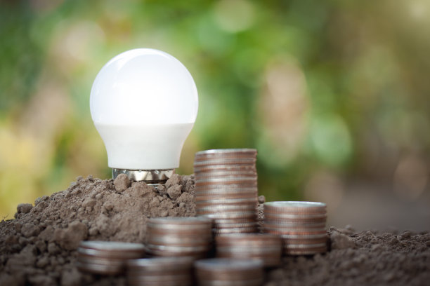 节能灯泡生长在土壤与硬币堆叠在光自然背景。对于储蓄、会计和财务的概念。图片下载