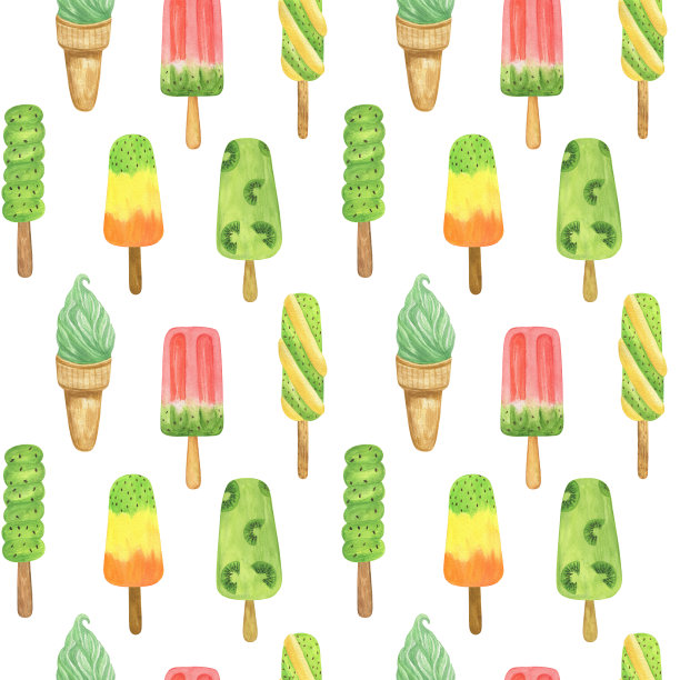 猕猴桃冰淇淋冰棒，水果，西瓜口味无缝水彩手绘图案，插图重复甜甜点装饰为夏季假日装饰，美味款待菜单，邀请，横幅图片下载