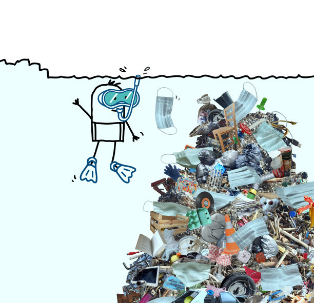 卡通潜水人在海底有一大堆垃圾，戴着一次性冠状病毒面具图片下载