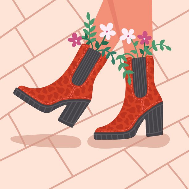 脚上穿着时髦的靴子，带着鲜花走在路上。矢量平面插图。图片下载