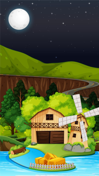 晚上有谷仓和风车的农场场景图片下载