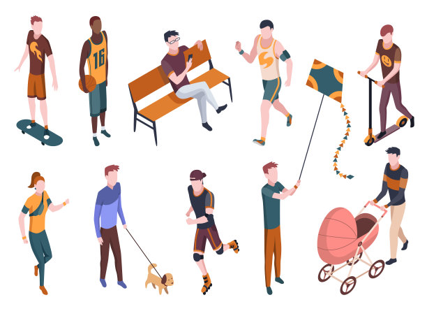 人在公园等距。不同的向量字符被隔离在白色上。男性和女性角色。遛狗，骑滑板车，坐在公园的长椅上素材图片