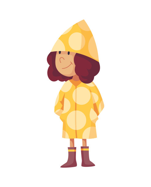 坏刮风下雨的天气有趣的卡通人物图标。女孩穿着雨衣和胶靴站在雨中。性格与雨衣衣服图片下载