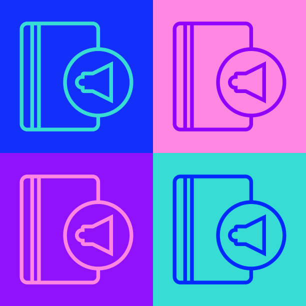 波普艺术线音频书图标孤立的颜色背景。书和耳机。音频引导标志。在线学习的概念。向量图片下载