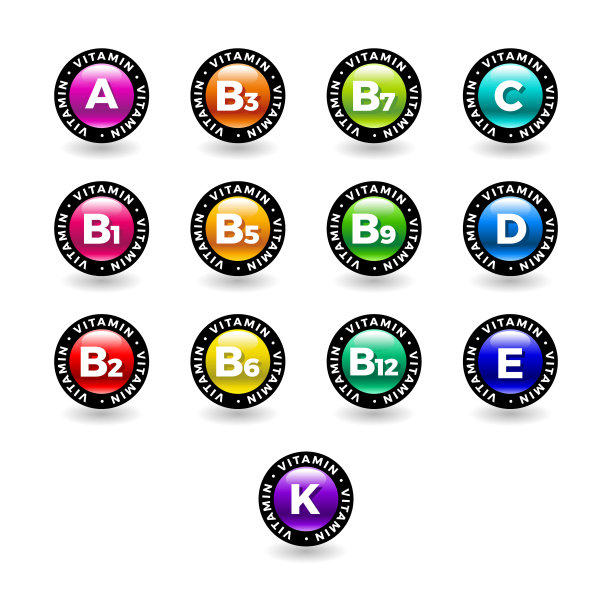 多种维生素复合图标设置。多种维生素补充剂，维生素A,B1, B2, B3, B5, B6, B9, B12, C, D, E, K，矢量图。饮食科学资讯海报。图片下载