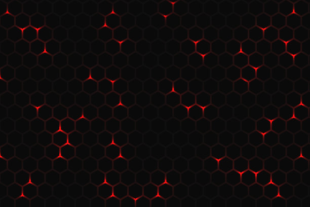 暗技术六角形背景。抽象的红色明亮的能量闪烁在黑暗的技术现代未来的背景下六边形。蜂窝结构网格。图片下载