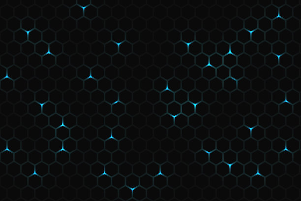 暗技术六角形背景。抽象的蓝色明亮的能量闪烁在黑暗的技术现代未来的背景下六边形。蜂窝结构网格。图片下载