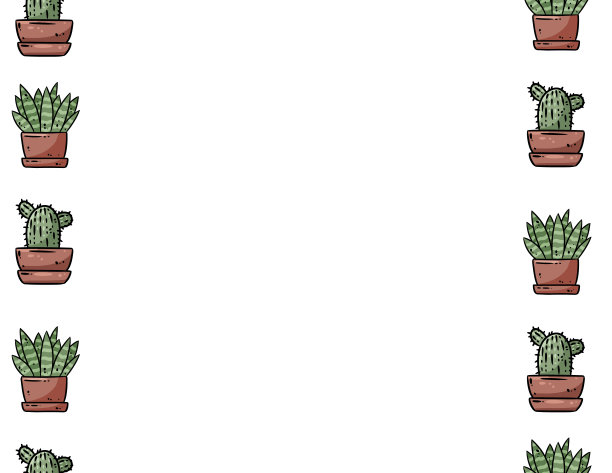 卡通多肉涂鸦无缝边框图案。盆栽植物点缀。舒适的波西米亚工艺明信片或横幅模拟。字母格式装饰背景纹理瓷砖。空间的文本图片下载