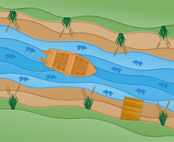 剪纸捕鱼艺术旗帜矢量插图图片下载
