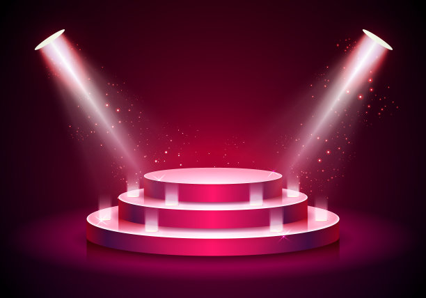 明亮背景上的红色圆形领奖台矢量插画，颁奖典礼的空底座，聚光灯照亮的平台图片下载
