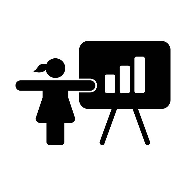 演示图标矢量女性与董事会的业务和财务分析和报告符号在一个平面颜色的象形文字图片下载