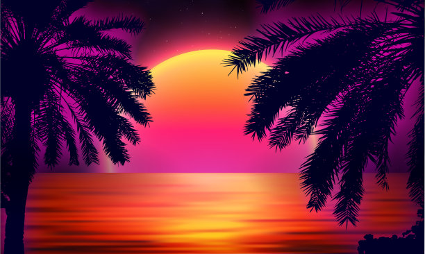 3d日落海滩复古棕榈科幻图片下载