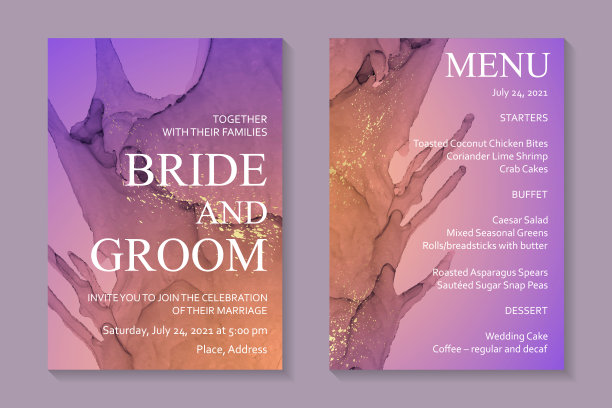 水彩背景与抽象的紫色和橙色墨波和金色飞溅。图片下载