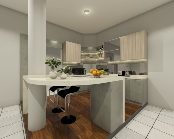 厨房内部复古风格。厨房橱柜设计采用拼花地板和圆形吧台。图片下载