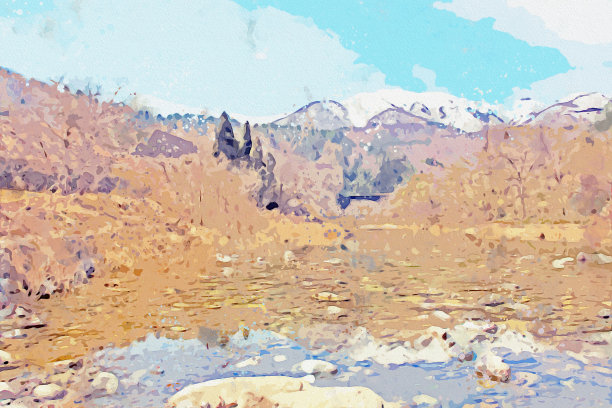 日本白川乡小屋水彩画。图片下载