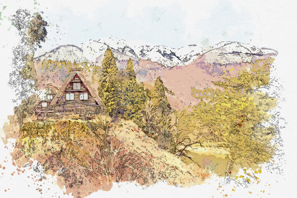 日本白川乡小屋水彩画。图片下载