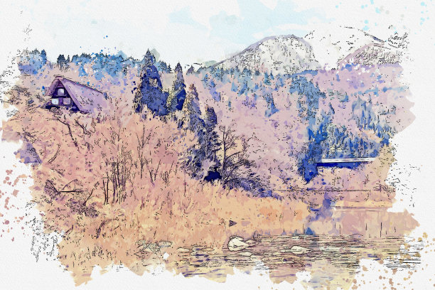 日本白川乡小屋水彩画。图片下载