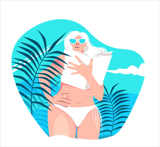 美丽的金发女人戴着太阳镜和一本书在白色的自行车从底部的视角对天空的背景。放松和阅读。学习或时尚杂志。矢量图图片下载