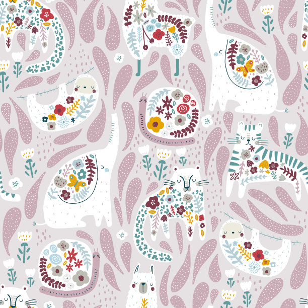 无缝图案与可爱的花象美洲驼图片下载