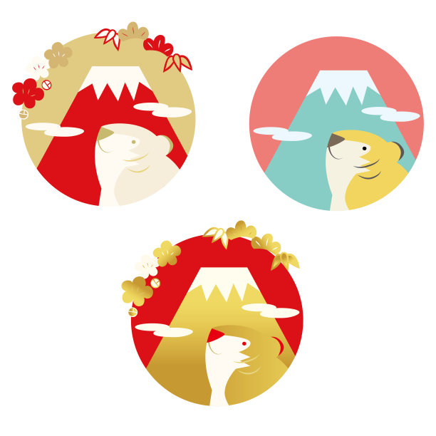 新年贺卡的插图是三只不同的老虎和一个富士山的圆。图片下载