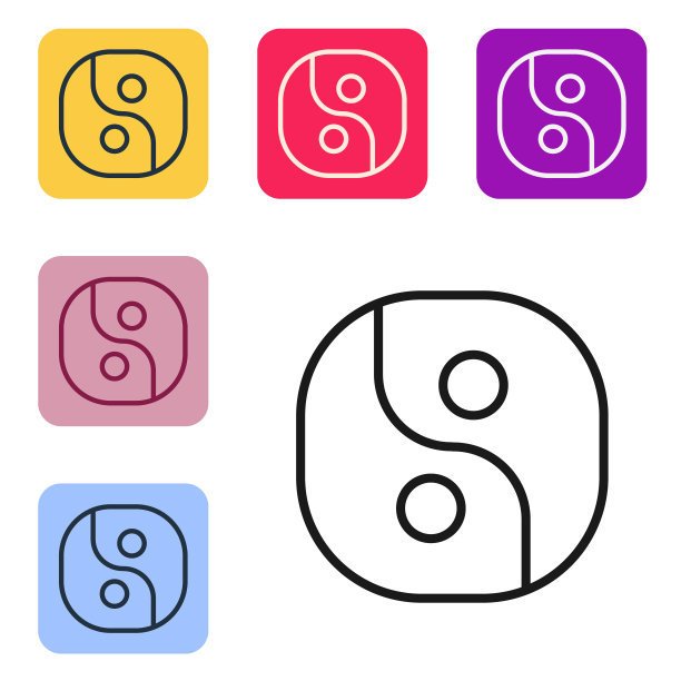 黑色线条象征阴阳和谐和平衡，图标孤立在白色背景上。在彩色方形按钮中设置图标。向量图片下载