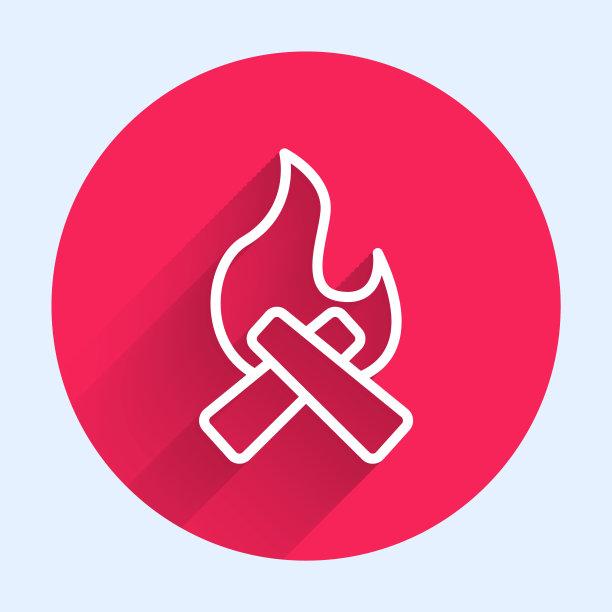 白色线篝火图标孤立与长影子。用木头点燃篝火。红色圆圈按钮。向量图片下载