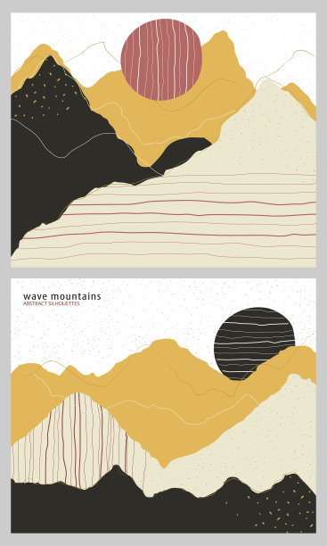 极简的黄色背景与简单的波浪、山和太阳。图片下载