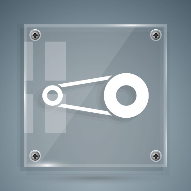 白色自行车链与齿轮图标孤立在灰色背景。自行车链轮传动。方形玻璃面板。向量图片下载