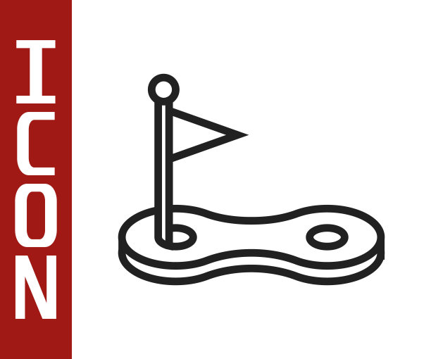 黑线高尔夫球洞与旗帜图标孤立在白色背景。向量图片下载