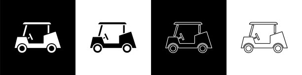 设置高尔夫汽车图标孤立的黑色和白色背景。高尔夫球车。向量图片下载