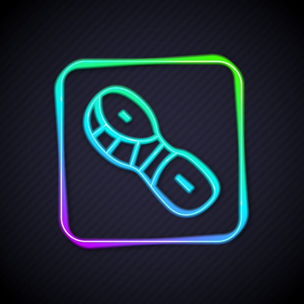 发光的霓虹灯线人类脚印鞋图标隔离在黑色背景。鞋鞋底。向量图片下载