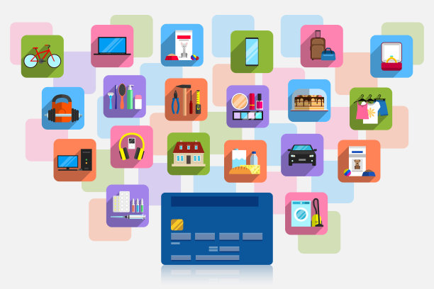 银行塑料卡和大量的商品图标周围图片下载