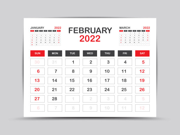 日历2022年模板极简风格，二月月艺术品，桌面日历2022年，墙壁日历。从周一开始，策划，印刷媒体，海报，广告，红色背景，矢量图片下载